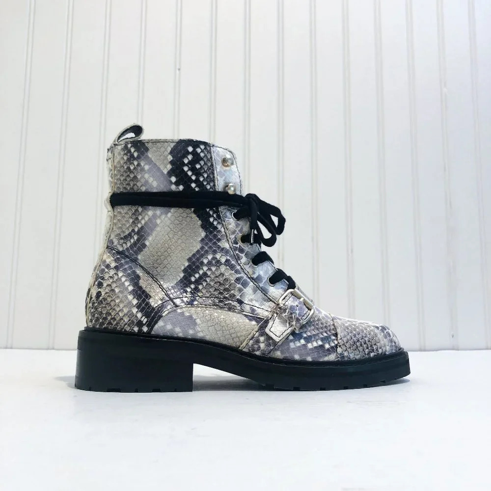 ALLSAINTS Donita Goat Leather Animal Print Snake Embossed Lace Up Combat Boot 38 - Picture 2 of 13